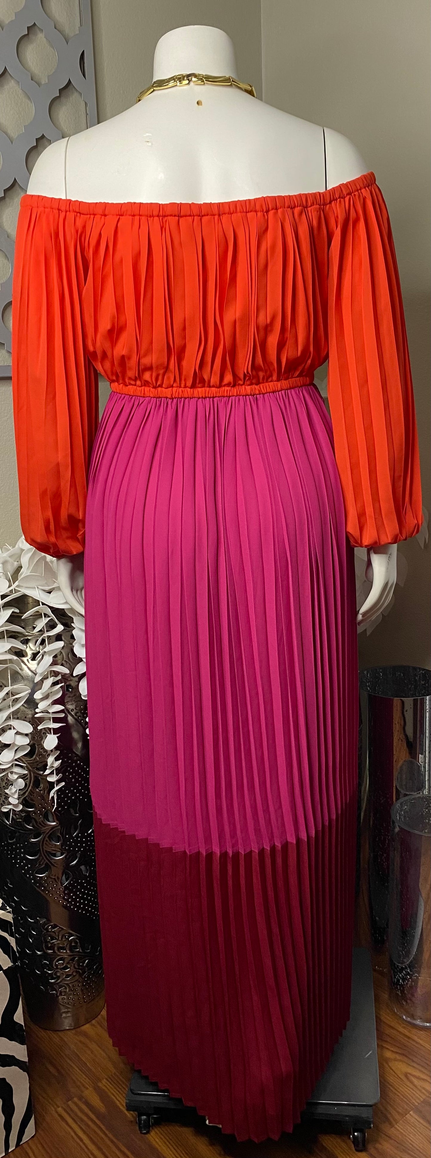 Color Block Pleated, Off Shoulder Maxi Dress