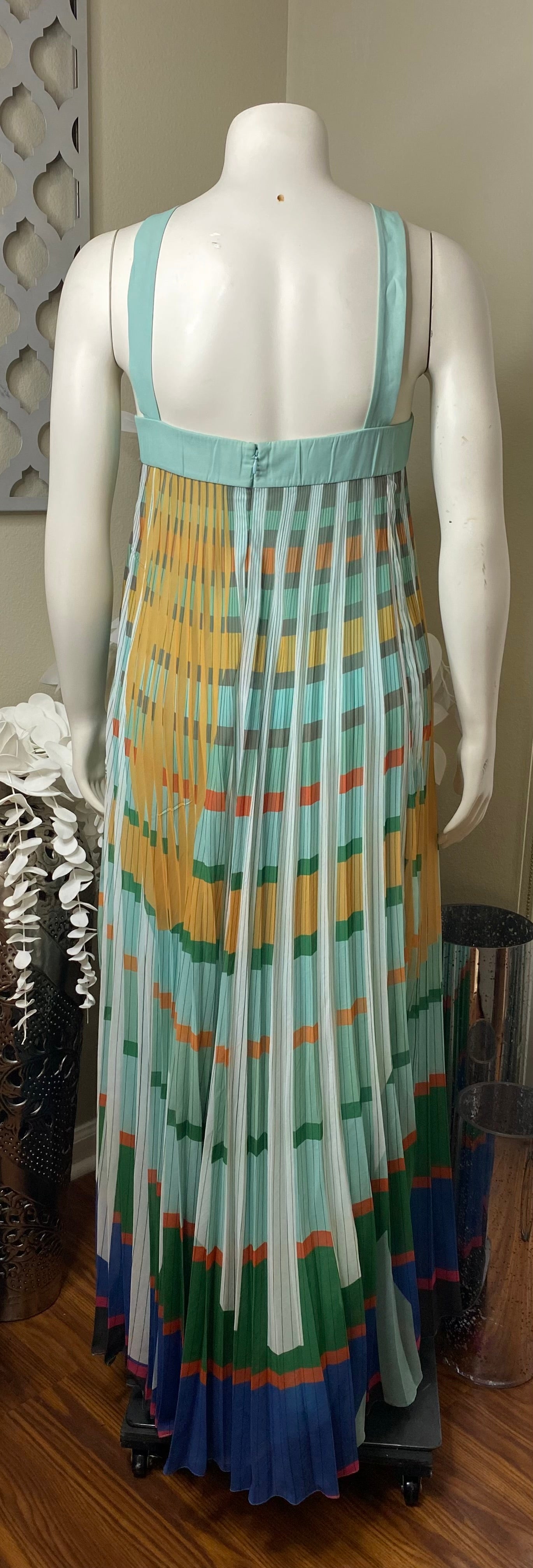 Multi Color Abstract Pleated Halter Maxi Dress