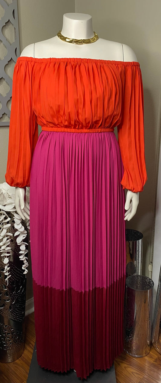 Color Block Pleated, Off Shoulder Maxi Dress