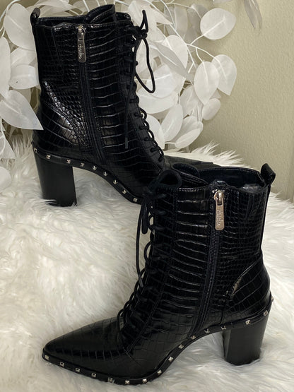 Black Leather Crocodile Print Booties