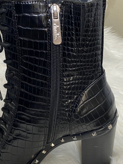 Black Leather Crocodile Print Booties