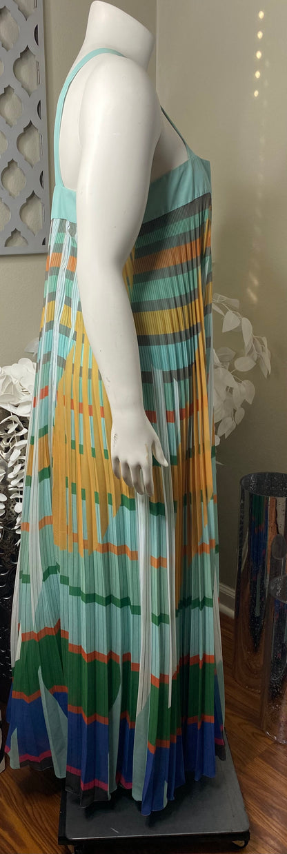 Multi Color Abstract Pleated Halter Maxi Dress