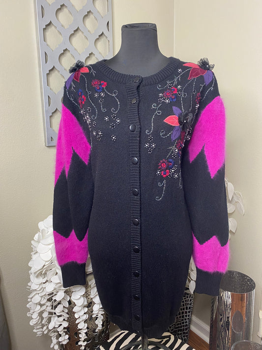 Vintage N I N A Pink/Black Angora cardigan Sweater