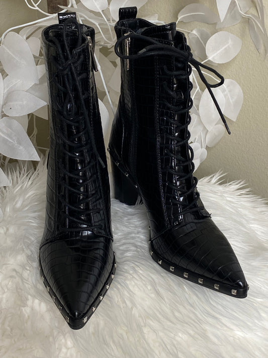 Black Leather Crocodile Print Booties