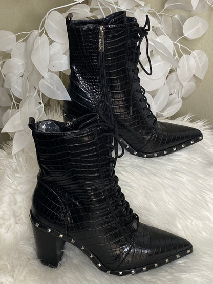 Black Leather Crocodile Print Booties