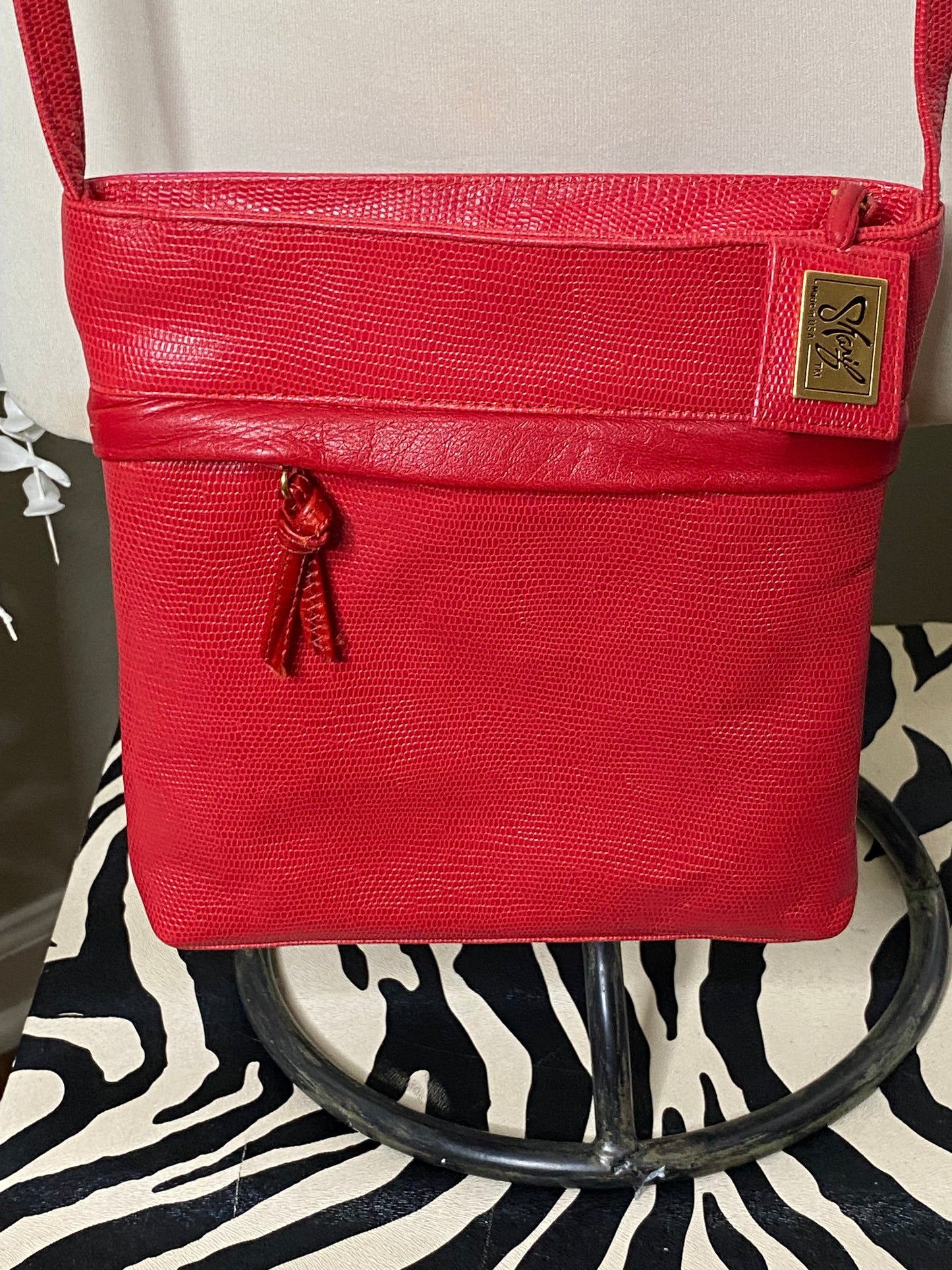 Vintage Red Multi Color Stripe V Snake Skin Crossbody Bag