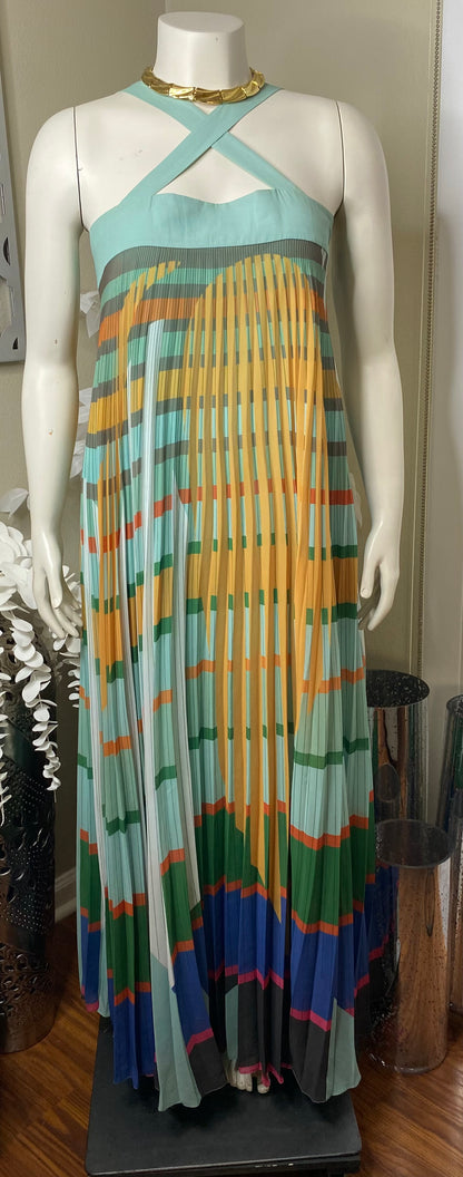 Multi Color Abstract Pleated Halter Maxi Dress