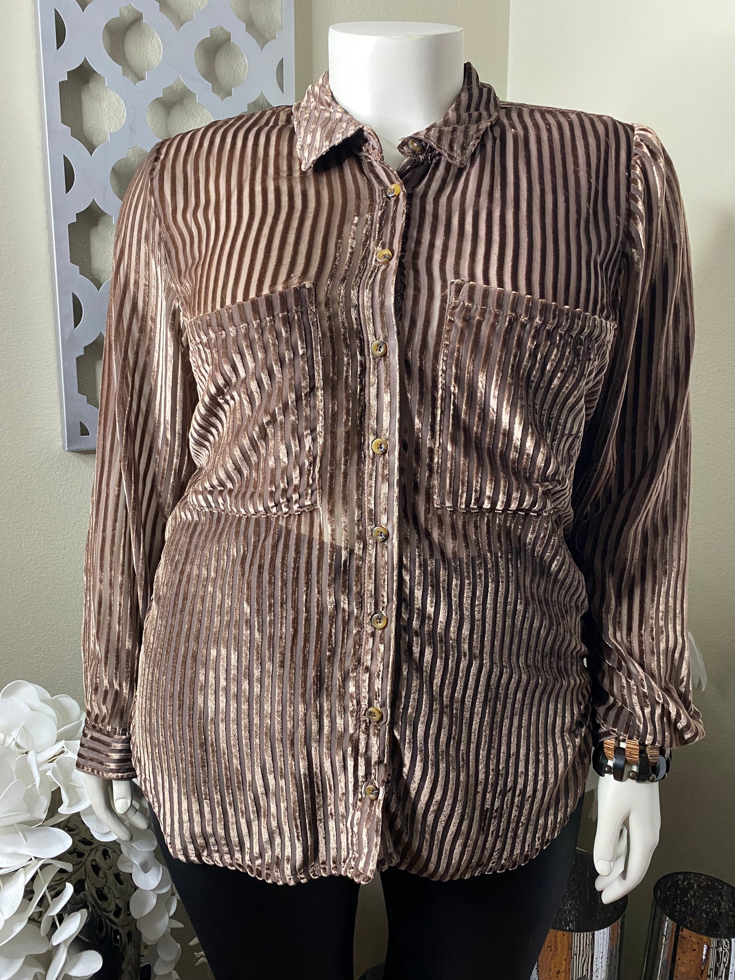 Brown Button Down Sheer Striped Velvet Shirt