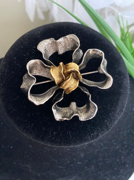 Vintage Designer Silver and Gold Mix Metal Flower Brooch Pin