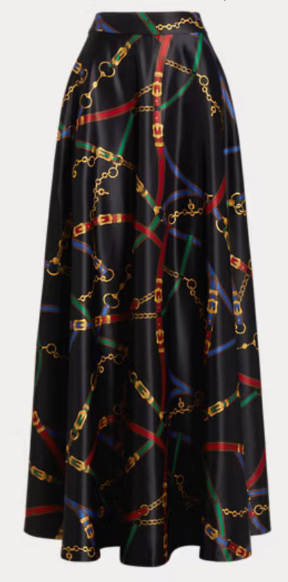 Black Multi Color Chain link Maxi Satin Skirt