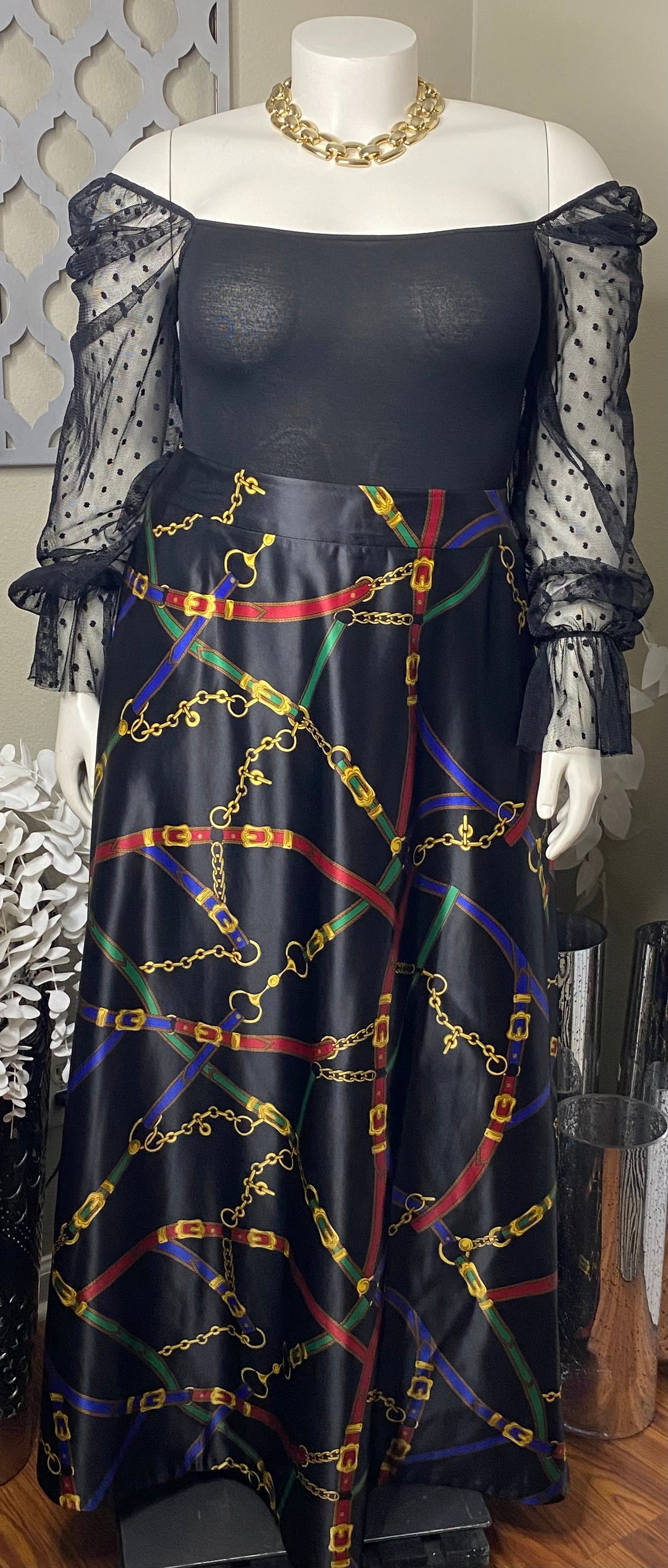 Black Multi Color Chain link Maxi Satin Skirt