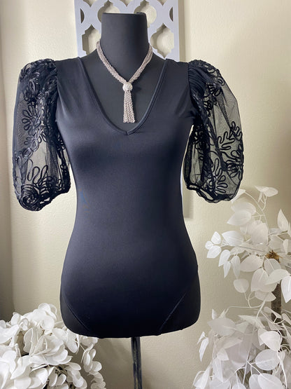 Black Beauty Tulle/Embroidered Puff Sleeve Bodysuit