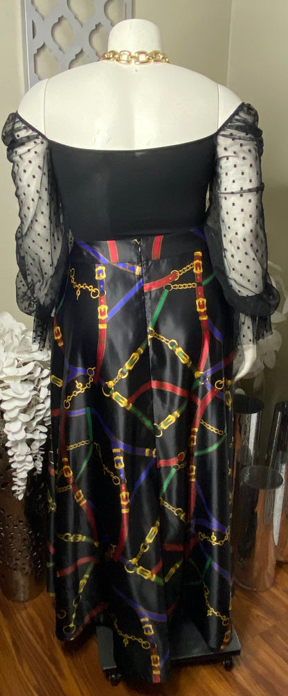 Black Multi Color Chain link Maxi Satin Skirt