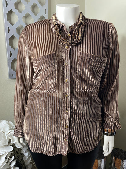 Brown Button Down Sheer Striped Velvet Shirt