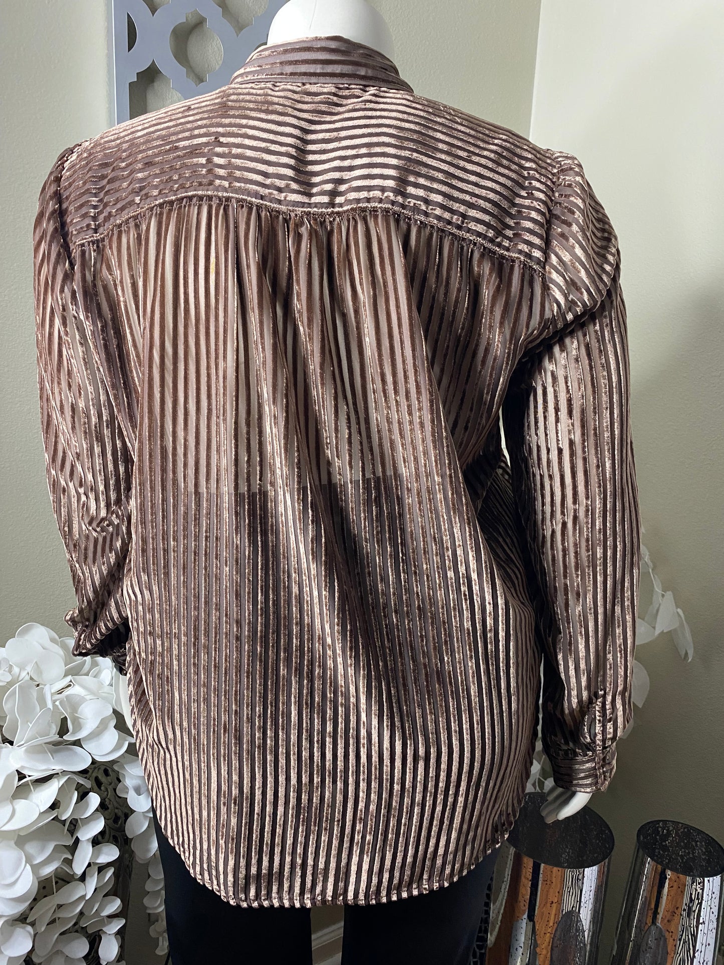 Brown Button Down Sheer Striped Velvet Shirt